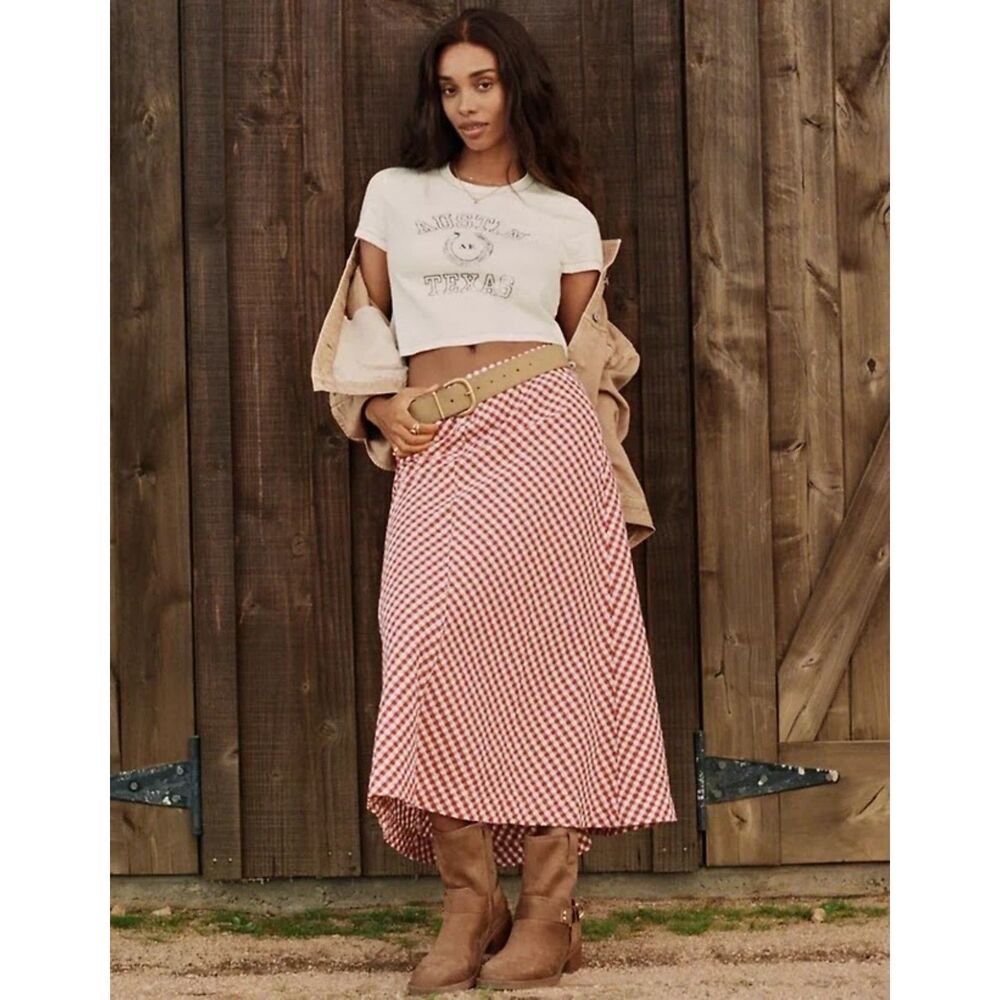 NEW American Eagle womens skirt L Linen blend midi maxi skirt gingham red plaid